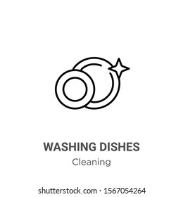 Washing dishes outline vector icon. Thin line black washing dishes icon, flat vector simple element illustration from editable cleaning concept isolated on white background