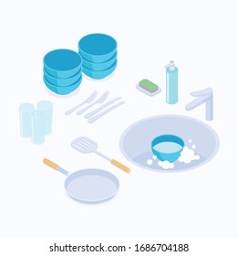 Washing dishes set. Isometric vector illustration in flat design.