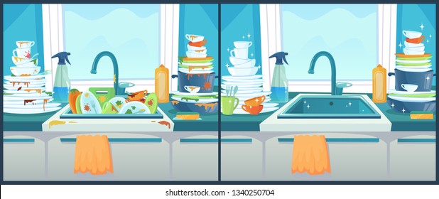 Washing dishes in sink. Dirty dish in kitchen, clean plates and messy dinnerware. Dirt unwashed or clean dish washstand and kitchen dishes, washing home utensil cartoon vector illustration