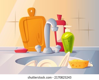 Waschgeschirr mit Sink, Schwamm, Seife und Reinigungsmitteln. Cartoon-Hintergrund. Aufwaschbare Vektorgrafik.