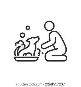 Washing the dog, linear icon. Man washes pet. Line with editable stroke