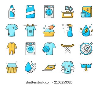 Washing And Dry Cleaning Color Line Vector Icons, Laundry Service. Clothes Cleaning And Washing Symbols With Detergent And Fabric Softener, Hand Wash And Ironing For Delicate Clothes And Towels