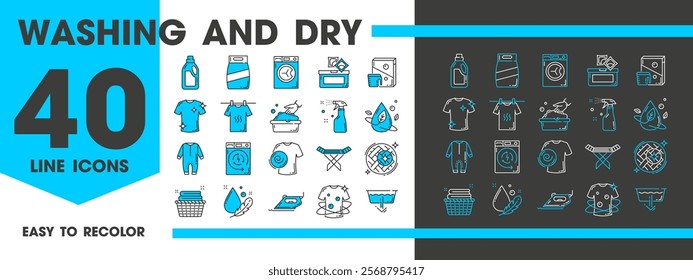 Washing and dry cleaning icons for laundry service, vector line pictograms. Dry cleaning icons of laundromat washing machine or hand wash clothing and stain removal from shirt, detergent and iron