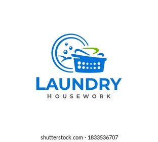 Washing and drying clothes logo design. Laundry room with a washing machine and laundry basket vector design. Dry cleaning logotype