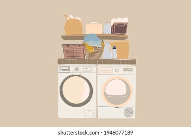 Washing and drying machine in laundry. Baskets and detergents on the shelves. Clothes in a basket. Flat style. Vector illustration