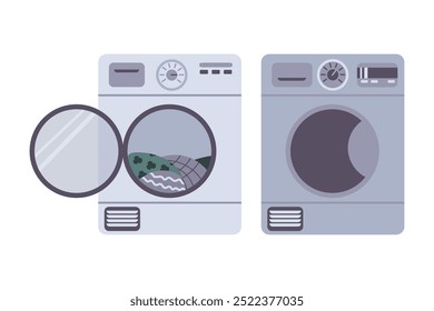 Washing and drying machine. Vector illustration of washing machine with open door and laundry inside. Drying machine with closed door. Electronic laundry equipment for housekeeping.