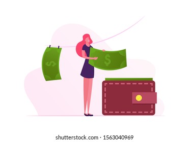 Washing and Drying Money Concept. Woman Put Dollar Banknotes in Wallet after Laundering and Dry on Rope. Illegal Criminal Process in Offshore, Fraud Corruption Scheme. Cartoon Flat Vector Illustration