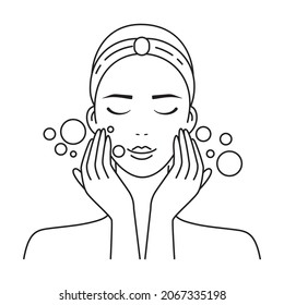 Washing face icon. Vector line illustration of woman taking care of her skin. Makeup removing. Morning skincare routine. Visual instruction