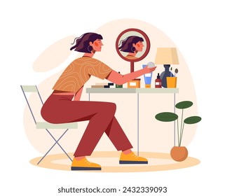 Washing face skin concept. Young girl sitting near mirror with cosmetics products. SPA and beauty procedures. Aesthetics and elegance. Cartoon flat vector illustration isolated on white background