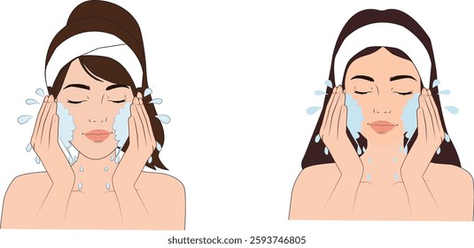 Washing Face Woman Vector. Girl rinses face with water. Skincare, hygiene, daily routine, fresh