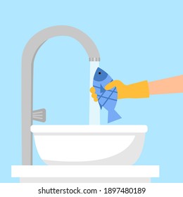 Washing fish in basin before cooking concept vector illustration. Housewife cleaning fish with a lot of water for dinner.