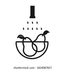 Washing food icon. Black outline  contour line design. Vector pear, water drops illustration, white background. Antibacterial protection, disinfection of fruits, vegetables at home concept.