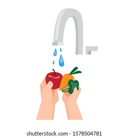 washing fresh fruit and vegetable, hygiene healthy food flat illustration vector