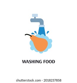 Washing fruit for food poisoning prevention. Pear cleaning from virus and bacteria under running tap water. Healthcare and hygiene. Flat vector isolated illustration with text.