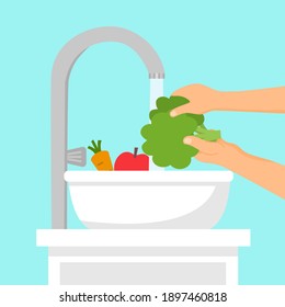 Washing fruit and vegetables before cooking concept vector illustration. Housewife cleaning vegetables with a lot of water.