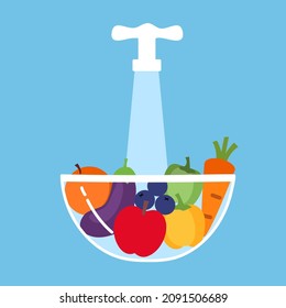 Washing fruits and vegetables before cooking or eating concept vector illustration. Housewife cleaning vegetables with a lot of water.