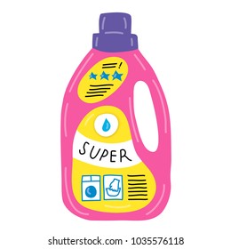 Washing gel, cleaner, stain remover, detergent. Hand drawn illustration, doodle. Plastic bottle. 