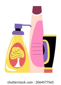 Washing gel, soap and detergent in bottle, lotion or cream in tube. Isolated cosmetics or hygiene products for self care. Bottles with serums and foam for cleansing skin. Vector in flat style