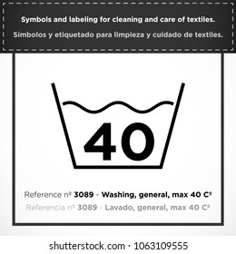 Washing, general, max 40 Cº. PICTORIAL symbols and labeling for cleaning and care of textiles.
(ISO) - Set icons clothes - Vectorized graphic symbols for laundry, drawing of a basin with water