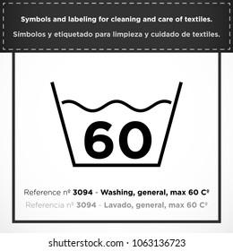 Washing, general, max 60 Cº. PICTORIAL symbols and labeling for cleaning and care of textiles. Vectorized graphic symbol for laundry