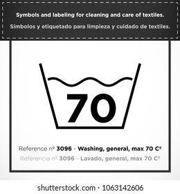 Washing, general, max 70 Cº. PICTORIAL symbols and labeling for cleaning and care of textiles.
(ISO) - Set icons clothes - Vectorized graphic symbols for laundry