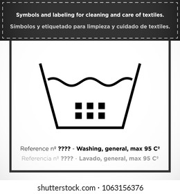 Washing, general, max 95 Cº. PICTORIAL symbols and labeling for cleaning and care of textiles.
(ISO) - Set icons clothes - Vectorized graphic symbols for laundry