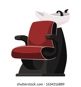 Washing hair barbershop seat with chair and sink. Man beauty salon chair or hairdressing equipment. Professional furniture. Preparation services hygiene procedure for haircut. Vector illustration