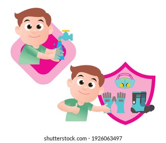 Washing hand after work for healthy. Use PPE when working. vector illustration isolated cartoon hand drawn