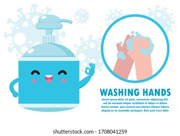 washing hand with Antibacterial hand sanitizer, Alcohol gel cute character. hand sanitizer, symbol in cartoon flat illustration vector isolated on white background coronavirus (2019-nCoV)