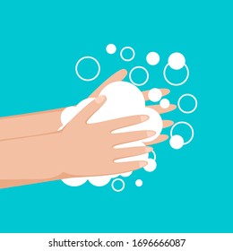Washing hand flat design. Cartoon hands in soap bubbles isolated on blue background. Safety rules to prevent coronavirus spreading. Vector illustration
