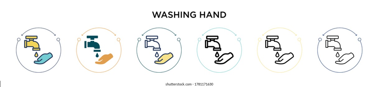Washing hand icon in filled, thin line, outline and stroke style. Vector illustration of two colored and black washing hand vector icons designs can be used for mobile, ui, web