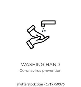 Washing hand icon. Thin linear washing hand outline icon isolated on white background from Coronavirus Prevention collection. Modern line vector sign, symbol, stroke for web and mobile