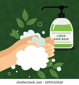 Washing hand with natural organic liquid hand wash in bottle container. Prevention, disinfection of coronavirus. Flat illustration banner in vector style.