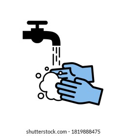 Washing hand on tap with soap to prevent of virus. Health equipment simple icon design.