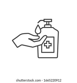 Washing hand with sanitizer liquid soap vector line icon