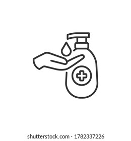 Washing hand with sanitizer liquid soap line icon isolated on white background. Vector illustration