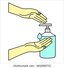 Washing hand with sanitizer liquid soap vector line icon. eps 10