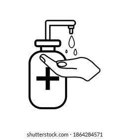 Washing hand with sanitizer liquid soap vector line icon. Beware of covid 19. Corona.