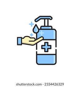 Washing hand with sanitizer liquid soap vector line icon. Hand sanitizer icon, illustration