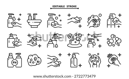 Washing hand with sanitizer liquid soap. Editable stroke. Illustration of cleanser, detergent, shampoo, liquid soap, gel. Contour isolated vector symbol of cleaning and cleanliness.