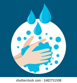 Washing hand with soap, cleaning, Anti Bacteria, Health care in white circle on blue background, isolated, vector illustration