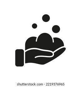 Washing Hand with Soap. Human Hand, Soap Foam and Bubbles Silhouette Icon. Concept of Prevention, Care and Protection Health. Isolated Vector illustration.