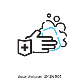 Washing hand with soap liquid vector line icon eps10