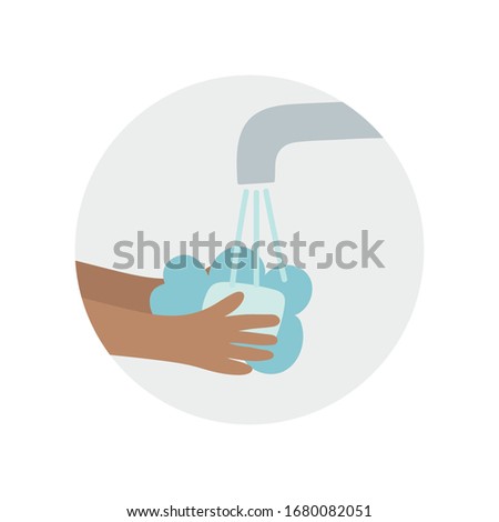 Washing hand with soap round sticker or icon postcard calligraphy. Coronavirus epidemic or pandemic concept vector illustration. Simple flat character cartoon style clip art for quarantine instruction