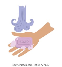 Washing hand with soap under running water vector illustration