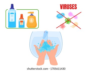 Washing hand, stop viruses vector illustration. Covid-19 prevention. Stop global epidemic by hygiene procedures with soap. Disinfectant with dispenser, spray at cartoon bathroom sink.