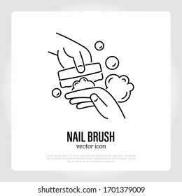 Washing hands by nail brush with soap bubbles. Thin line icon. Hygiene for prevention COVID-19. Healthcare and medical vector illustration.