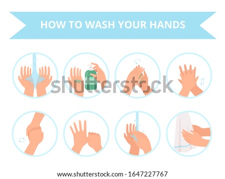 Washing hands. Children daily hygiene bathroom washing vector healthcare cartoon set