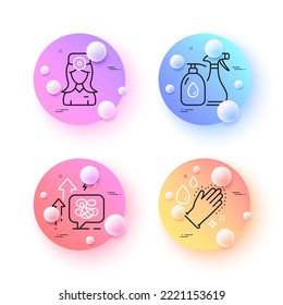 Washing hands, Cleaning liquids and Oculist doctor minimal line icons. 3d spheres or balls buttons. Stress grows icons. For web, application, printing. Gloves, Antiseptic soap, Optometrist. Vector