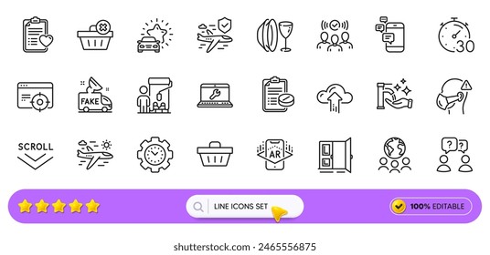 Washing hands, Communication and Laptop repair line icons for web app. Pack of Timer, Airplane travel, Global business pictogram icons. Augmented reality, Shopping basket, Open door signs. Vector